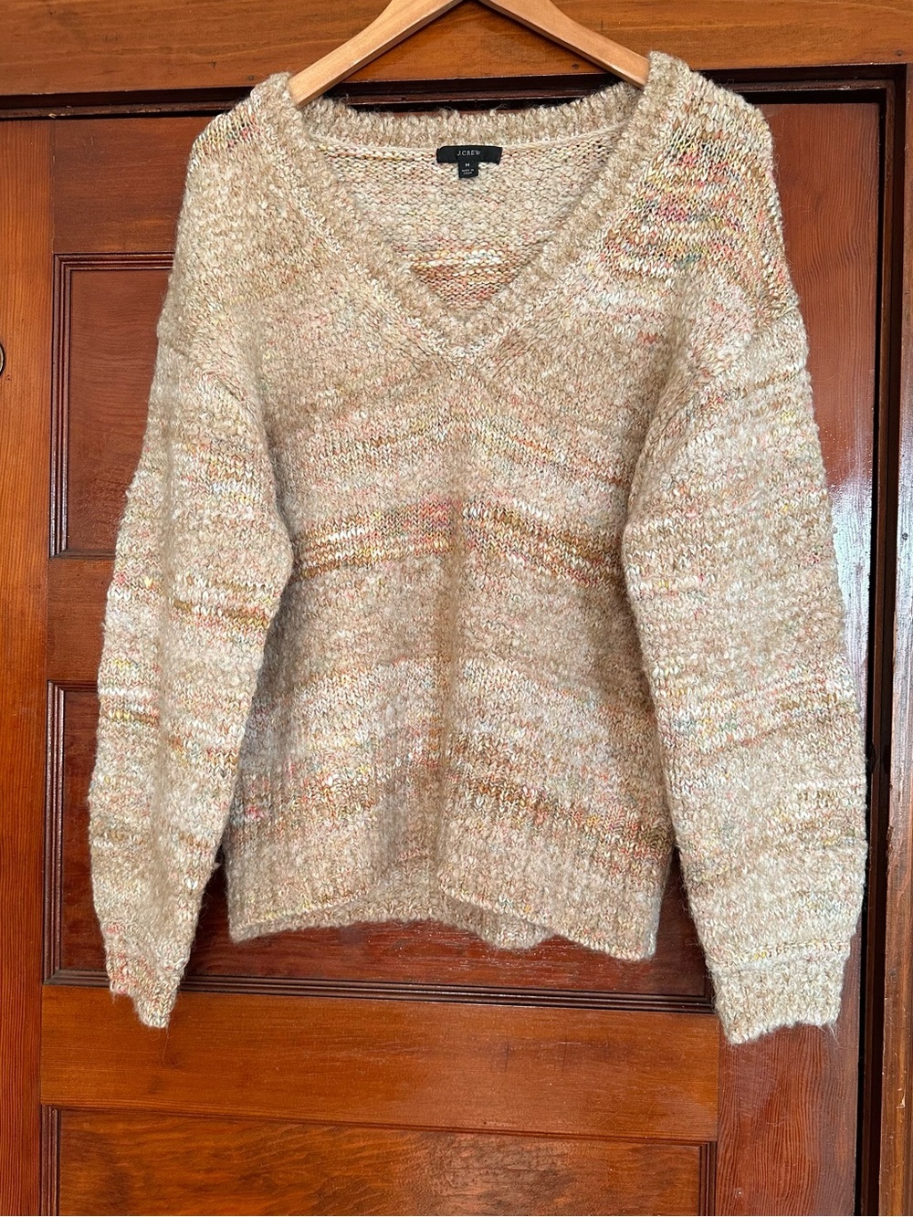 J. Crew V-Neck Beige Rainbow Space Dye Knit Sweater Sz Medium Wool Alpaca Blend